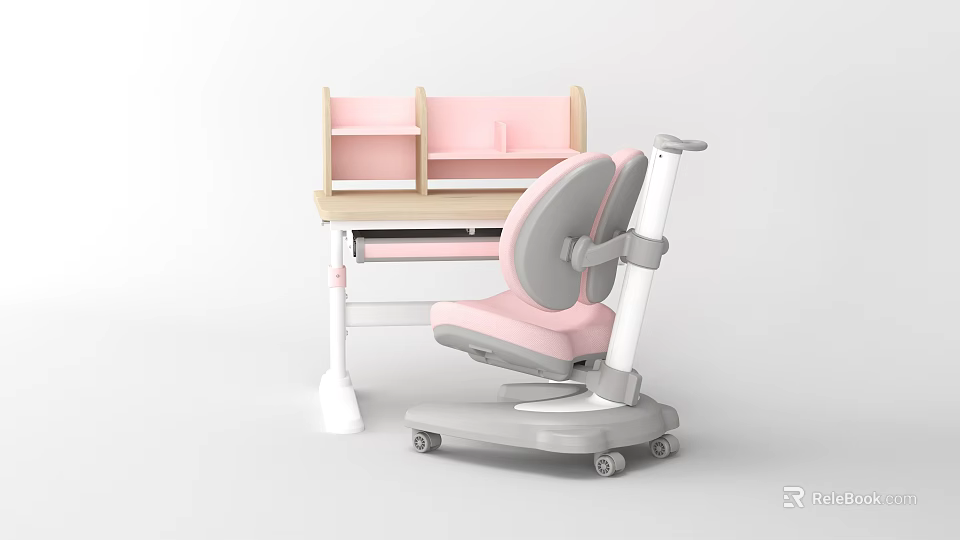 Kids Adjustable Desk with Pink and Gray Study Chair and Storage Compartments 3d model 