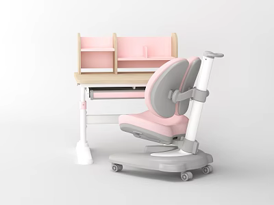 Kids Adjustable Desk with Pink and Gray Study Chair and Storage Compartments 3d model
