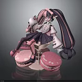 Anime Elf Character With Twin Pink Black Tails In Lolita Dress Sitting On Macaron Base