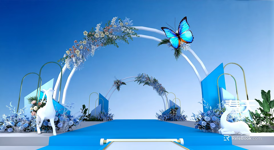 Blue Themed Wedding Decor With Floral Arches Butterfly And White Stage 3d model 