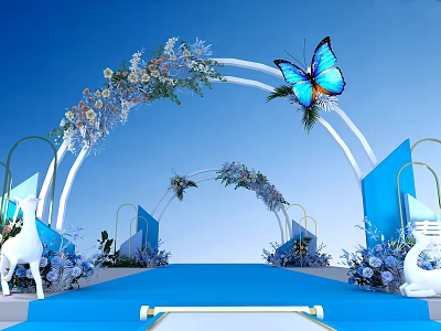 Blue Themed Wedding Decor With Floral Arches Butterfly And White Stage 3d model
