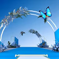 Blue Themed Wedding Decor With Floral Arches Butterfly And White Stage