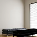 Two Modern Tufted Leather Sofa Benches With Metal Legs On Wooden Floor