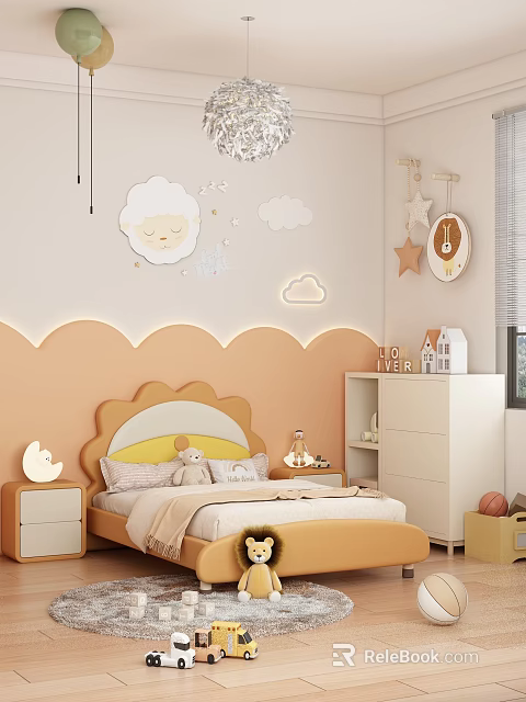 Orange Children's Bed With Cloud Shaped Headboard LED Light Strips And Cloud Sheep Wall Decals 3d model 