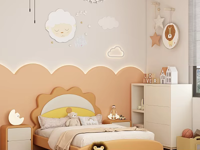 Orange Children's Bed With Cloud Shaped Headboard LED Light Strips And Cloud Sheep Wall Decals 3d model