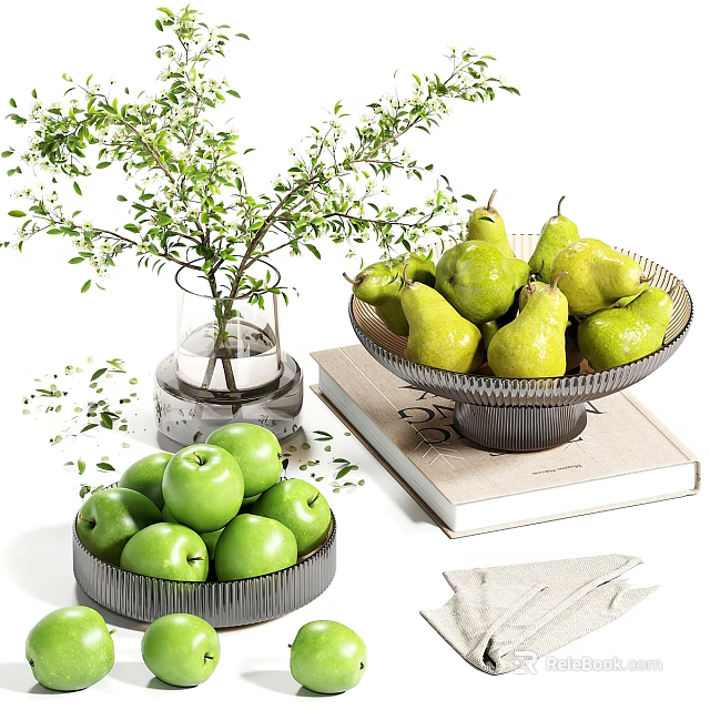 Fresh Decorative Green Apples and Pears Arranged on Table With Vase and Book 3d model 