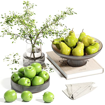 Fresh Decorative Green Apples and Pears Arranged on Table With Vase and Book 3d model