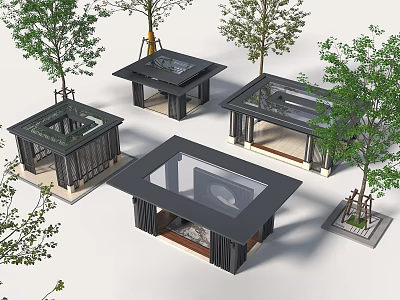 Modern Landscape Pavilions With Glass Roof And Square Structure Surrounded By Trees 3d model