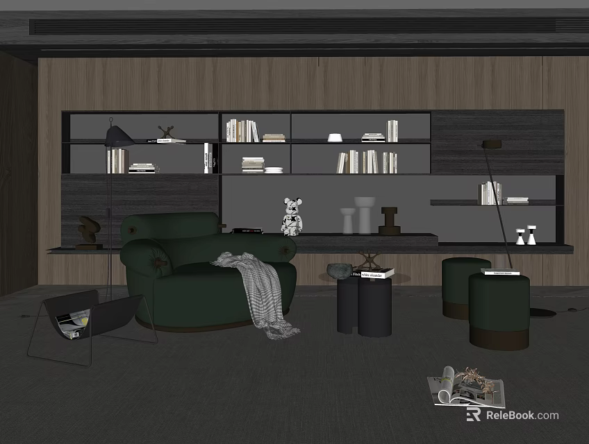 Green Modern Armchair In Living Room With Bookshelves Floor Lamp And Ottoman Decor 3d model 