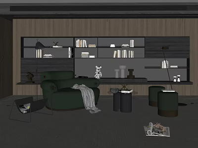 Green Modern Armchair In Living Room With Bookshelves Floor Lamp And Ottoman Decor 3d model