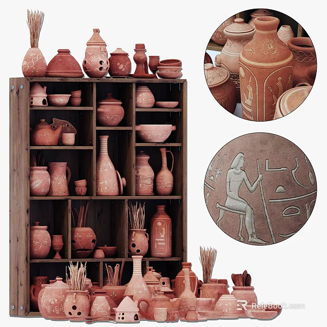 Decorative Ceramic Vessels Displayed on Wooden Shelf with Various Shapes and Patterned Artwork 3d model 