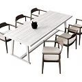 White Dining Table Set With Six Dark Frame Light Upholstered Chairs And Black Plant 3d model
