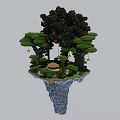 Building Blocks Constructed Lush Tree Forest Scene with Small Cabin Floating Island and Hanging Lanterns