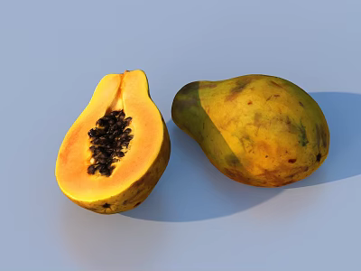 Fresh Ripe Papaya With Halved And Whole Fruits Showing Orange Flesh And Black Seeds 3d model