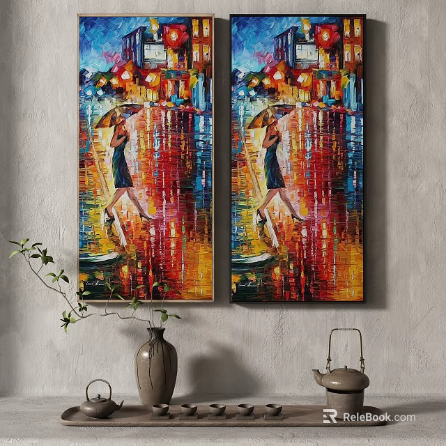 Colorful Abstract Painting Of Woman With Umbrella In Urban Rainy Night Scene 3d model 