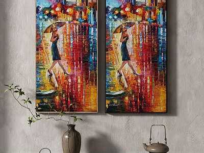 Colorful Abstract Painting Of Woman With Umbrella In Urban Rainy Night Scene 3d model