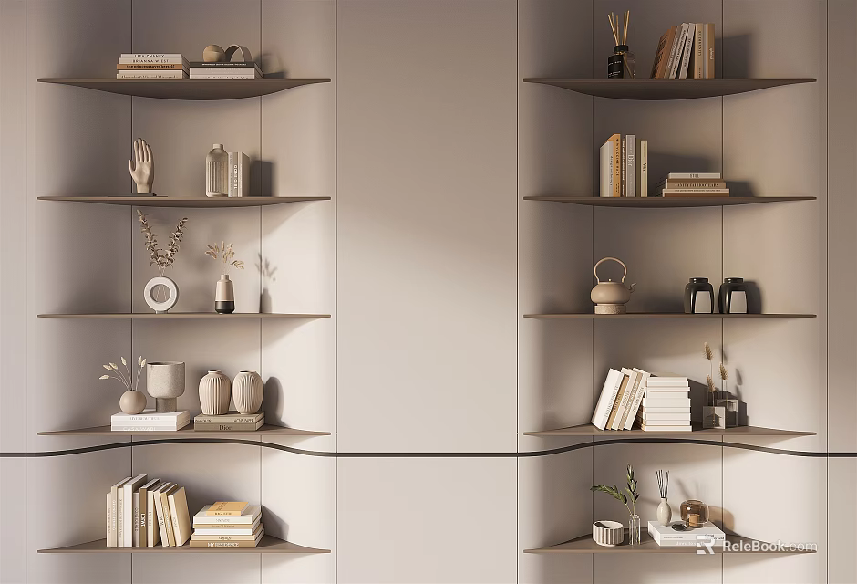 Stylish Decorative Ornament Combinations on Modern Light Gray Shelves with Books Vases and Small Sculptures 3d model 