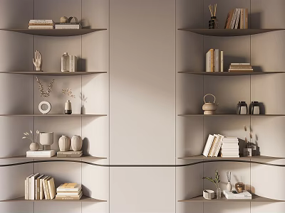 Stylish Decorative Ornament Combinations on Modern Light Gray Shelves with Books Vases and Small Sculptures 3d model