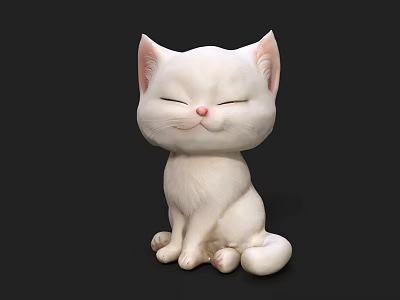 Adorable White Cat Figurine With Closed Eyes Sitting On Black Surface Background 3d model