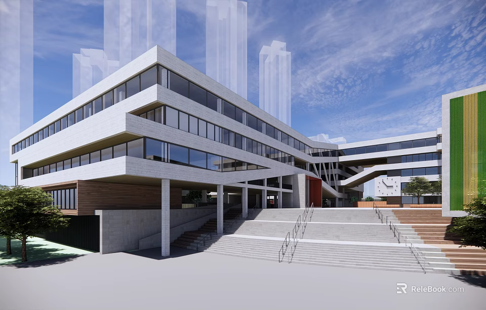 Modern School Building with Large Glass Windows Open Steps and Surrounding Trees Under Blue Sky 3d model