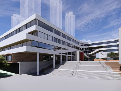 Modern School Building with Large Glass Windows Open Steps and Surrounding Trees Under Blue Sky 3d model