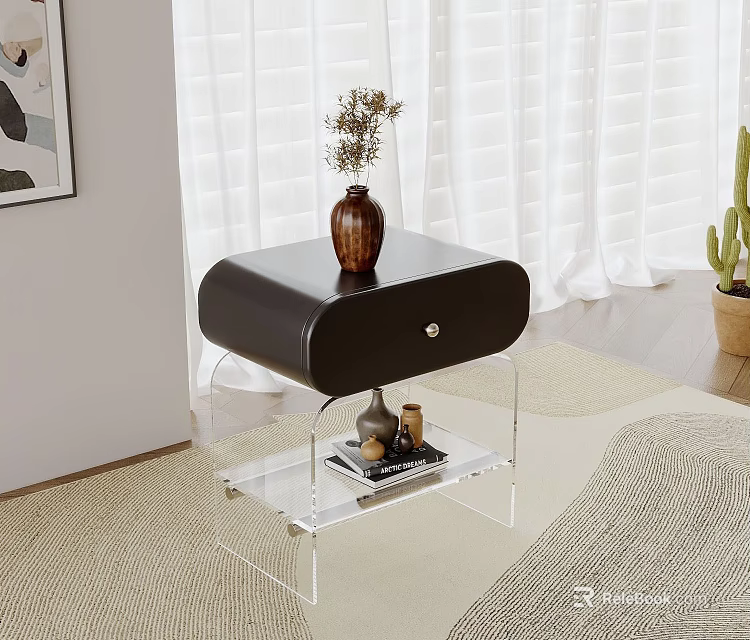 Modern Bedside Table with Black Leather Top Transparent Acrylic Frame Vase Dried Flowers and Books 3d model 