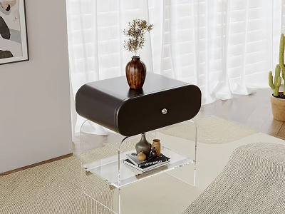 Modern Bedside Table with Black Leather Top Transparent Acrylic Frame Vase Dried Flowers and Books 3d model