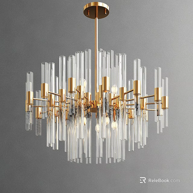 Elegant Modern Chandelier With Transparent Glass Rods And Golden Metal Frame 3d model 