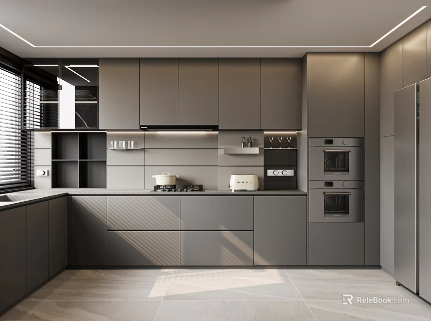 Modern Gray Kitchen Interior Design With Cabinets Appliances And Countertop 3d model