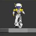 White Robot Game and Movie Character With Yellow Purple Head Standing on Hexagonal Base