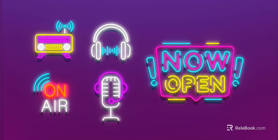 Vibrant Neon Decorative Lights With Now Open Sign Headphones And Microphone 3d model 