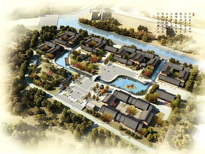 Ancient Architecture Complex Featuring Traditional Courtyards Surrounding River Pond And Lush Trees 3d model