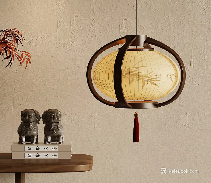 Chinese Style Wooden Chandelier With Bamboo Leaf Pattern Red Tassel And Stone Lion Figurines 3d model 