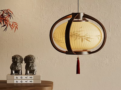 Chinese Style Wooden Chandelier With Bamboo Leaf Pattern Red Tassel And Stone Lion Figurines 3d model