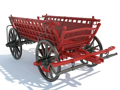 Traditional Red Wooden Wagon With Open Railed Body And Spoked Wheels 3d model