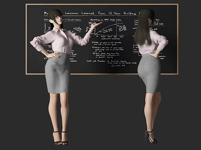 Woman in Pink Blouse and Gray Skirt Pointing at Blackboard with Handwritten Notes 3d model