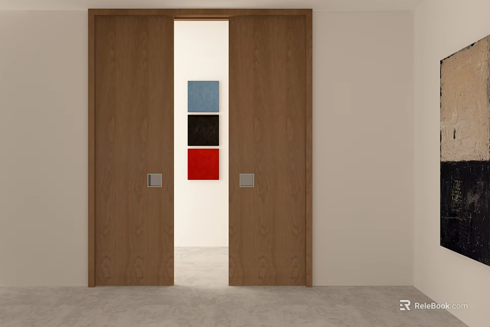 Modern Wooden Sliding Doors In Interior Space With Colorful Artwork Panels 3d model 