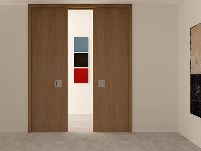 Modern Wooden Sliding Doors In Interior Space With Colorful Artwork Panels 3d model