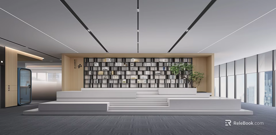 Modern Front Desk Reception Area With Stepped Design Bookshelves Green Plant and Wooden Wall 3d model 