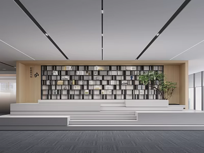 Modern Front Desk Reception Area With Stepped Design Bookshelves Green Plant and Wooden Wall 3d model