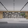 Modern Front Desk Reception Area With Stepped Design Bookshelves Green Plant and Wooden Wall