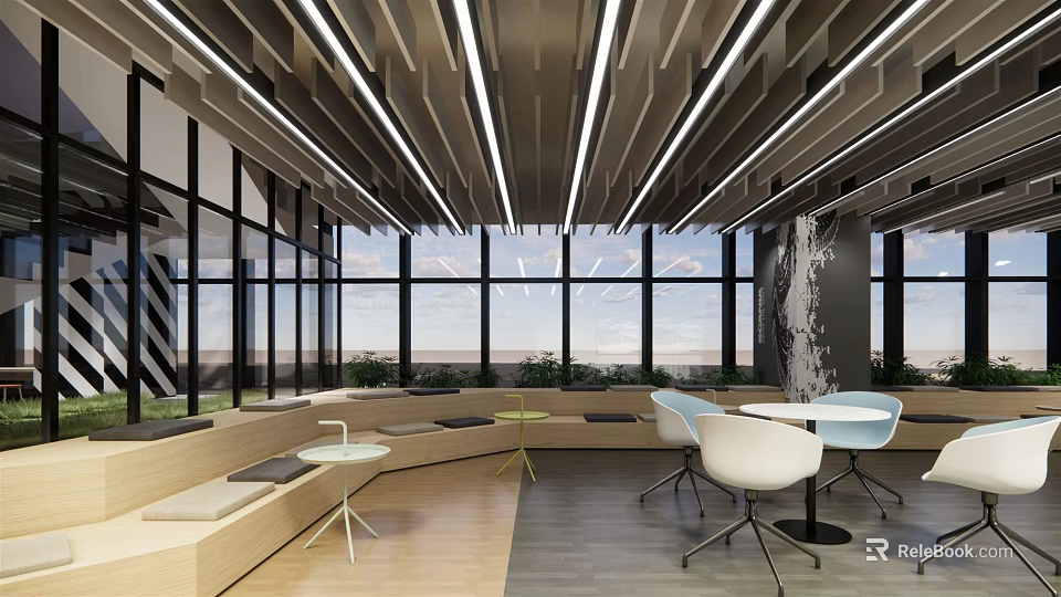 Modern Lounge Area Interior Design With Large Windows Seating Tables And Lighting 3d model