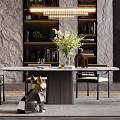 Modern Restaurant Interior With Dining Table Chairs Chandelier Marble Walls And Green Plants