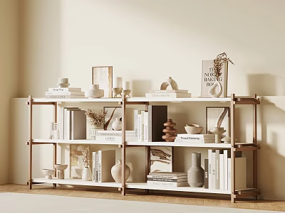Wooden Multi Tiered Shelf with Books Vases Photo Frames and Decor in Modern Room 3d model