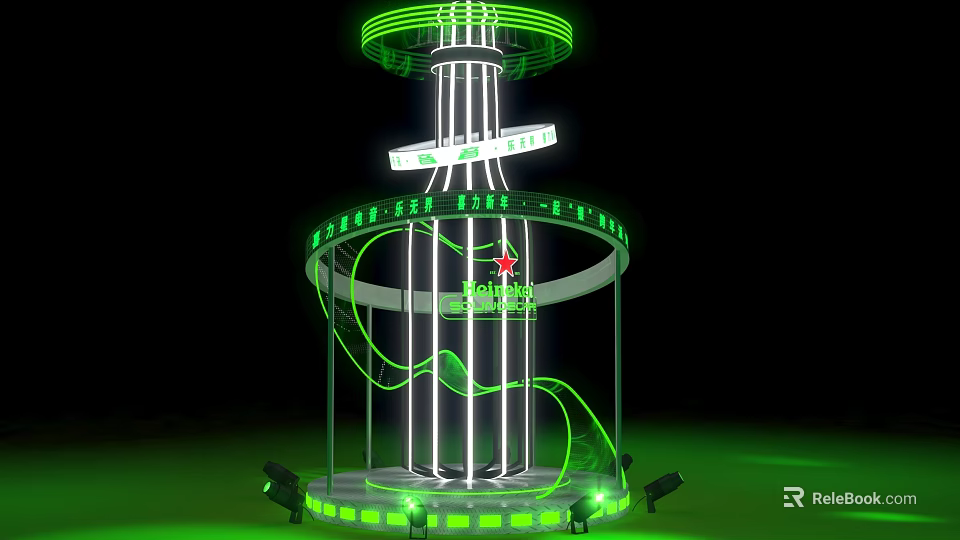 Commercial Equipment Green LED Multi Ring Tower Display With Modern Spiral Lighting Design Structure 3d model