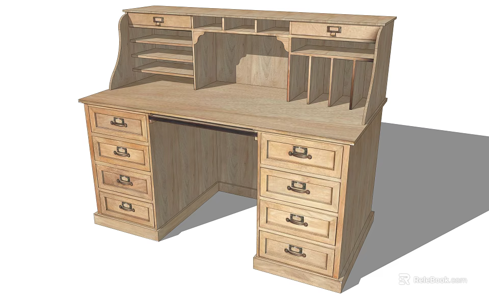 Spacious Wooden Home Office Desk With Multiple Side Drawers And Upper Storage Shelves 3d model 
