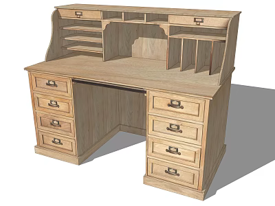 Spacious Wooden Home Office Desk With Multiple Side Drawers And Upper Storage Shelves 3d model