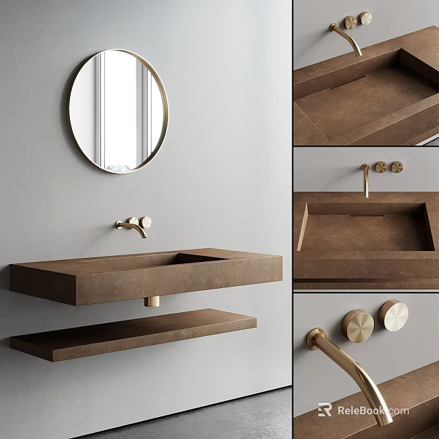 Wall Mounted Brown Concrete Wash Basin with Round Mirror Gold Faucet and Shelf 3d model 