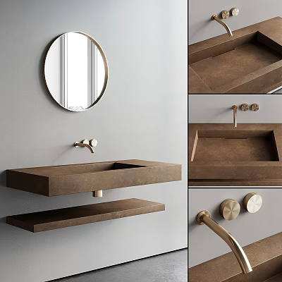 Wall Mounted Brown Concrete Wash Basin with Round Mirror Gold Faucet and Shelf 3d model