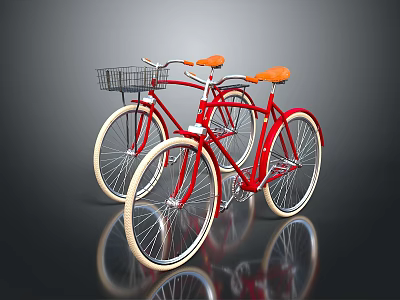 Two Red Bicycles With Orange Seats And Front Baskets On Reflective Surface 3d model